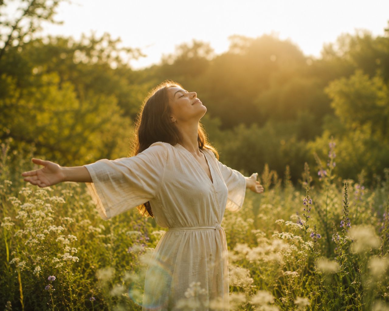 Woman standing freely in a sunlit meadow