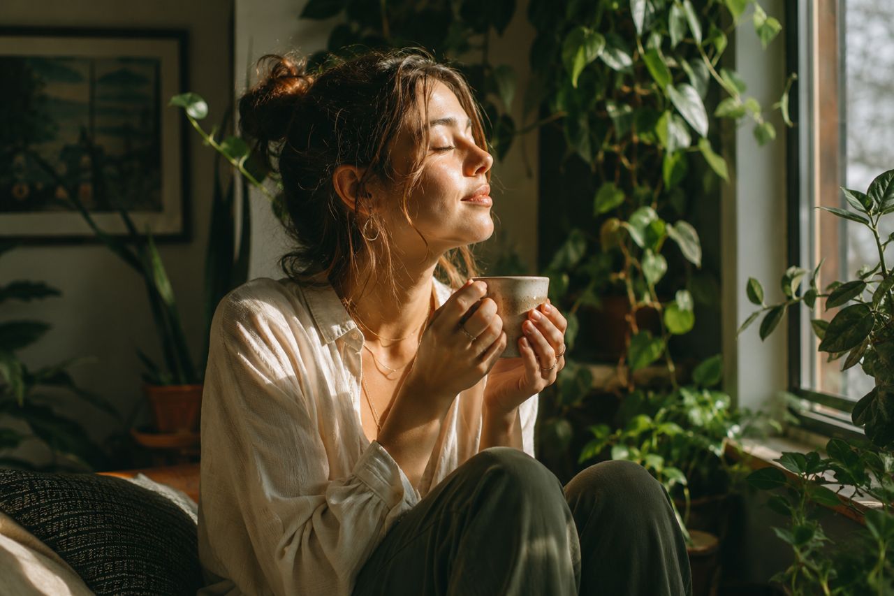 Woman sitting quietly with a cup of tea