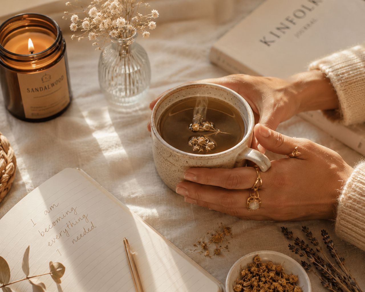 Herbal tea wellness flat lay with candle and journal